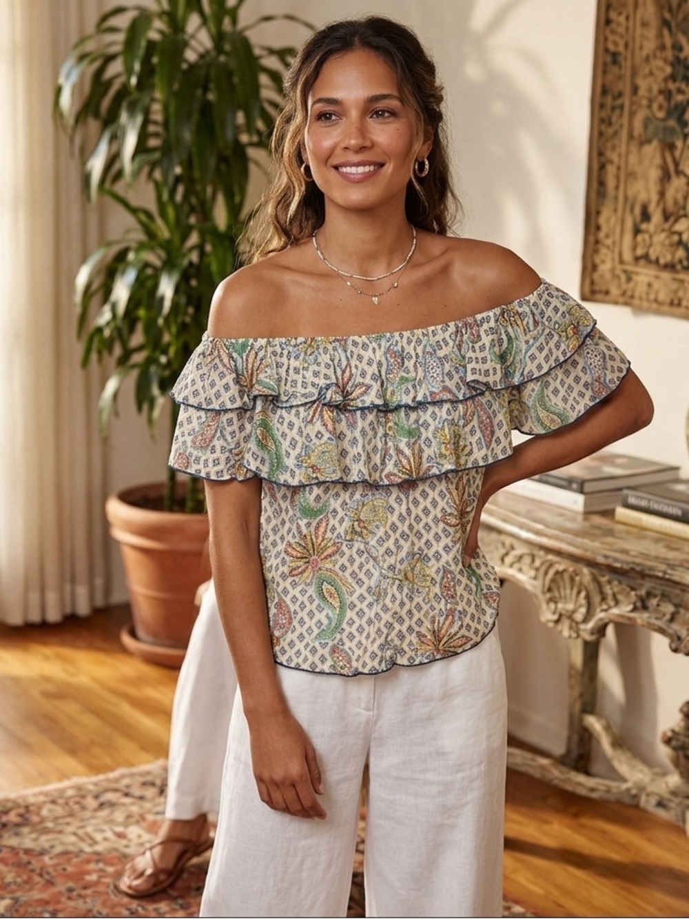 Zara Blue and Pink Flutter Sleeve Blouse
